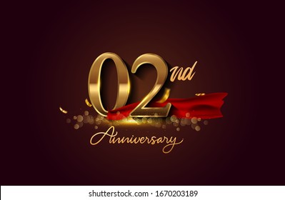 Logotipo de 2do aniversario con cinta roja y confeti dorado aislado en elegante fondo, brillo, diseño vectorial para tarjeta de felicitación y tarjeta de invitación.