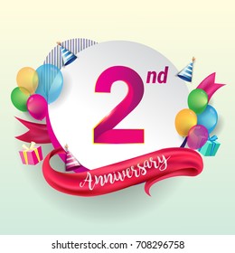 2nd Anniversary logo with ribbon, balloon, and gift box isolated on circle object and colorful background