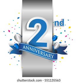 2nd anniversary logo with silver label and blue ribbon, balloons, confetti. two Years birthday Celebration Design for party, and invitation card