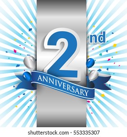 2nd anniversary logo with silver label and blue ribbon, balloons, confetti. two Years birthday Celebration Design for party, and invitation card