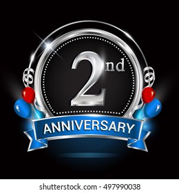 2nd anniversary logo with silver ring,balloons and blue ribbon. Vector design template elements for your birthday celebration.