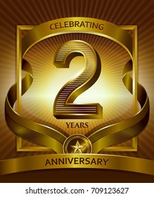 2nd anniversary logo. Vector and illustration shiny gold ribbon