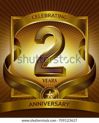 2nd anniversary logo. Vector and illustration shiny gold ribbon