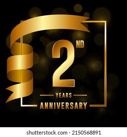 Logotipo del 2do Aniversario. Diseño de planilla para la celebración del aniversario con cinta de oro para folletos, folletos, revistas, afiches de folletos, banner, web, invitación o tarjeta de saludo. Ilustraciones vectoriales.