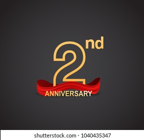 2nd anniversary logotype design with line golden color and red ribbon for celebration isolated on dark background