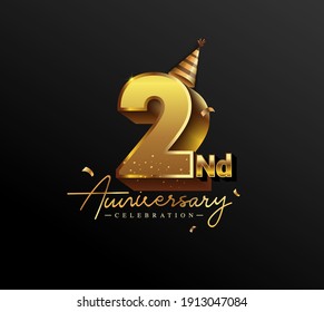 2nd Anniversary Logotype with Gold Confetti Isolated on Black Background, Vector Design for Greeting Card and Invitation Card