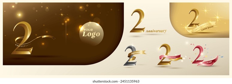 2nd anniversary logotype modern gold number with shiny ribbon. alternative logo number Golden anniversary celebration