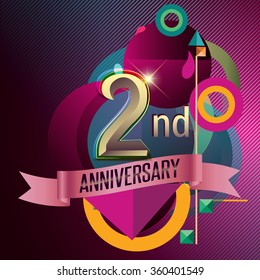 2nd Anniversary, Party poster,  banner and invitation - background geometric glowing element. Vector Illustration