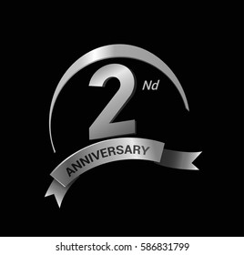 2nd anniversary ring logo silver ribbon. vector celebration template