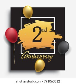 2nd anniversary template design on golden brush background and balloon, vector design for greeting card and invitation card, Birthday celebration
