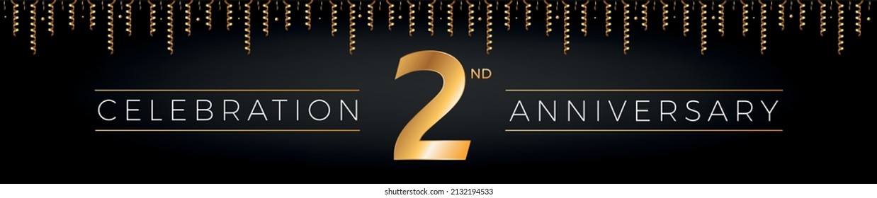 2nd anniversary. Two years birthday celebration horizontal banner with bright golden color.