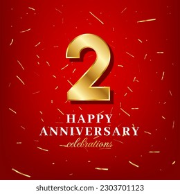 2nd anniversary vector template with a golden number and golden confetti spread on a red background
