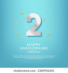 2nd anniversary vector template with a white number and confetti spread on a gradient background