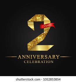 2nd anniversary years celebration logotype. Logo ribbon gold number and red ribbon on black background. 
