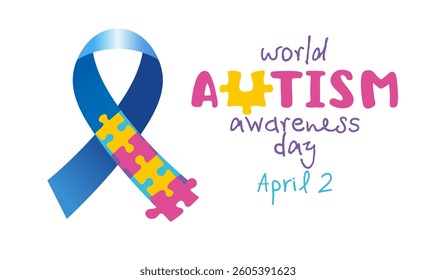 2nd of April event invitation, network poster for Autism awareness day. Creative symbol of blue ribbon loop with coloured puzzles. Medical or educational background. Artistic design. Gift card idea