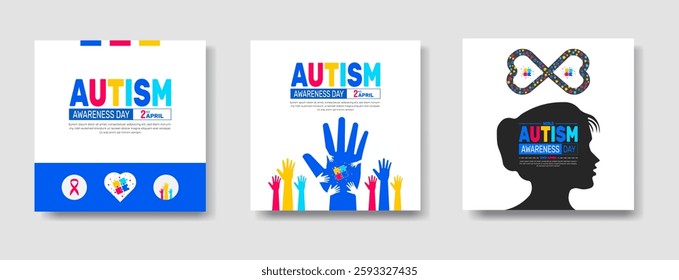 2nd April World Autism Awareness Day social media banner set, Autism Awareness Day promo bundle, square layout template for Instagram and Facebook. web banners with puzzle pieces, awareness ribbon