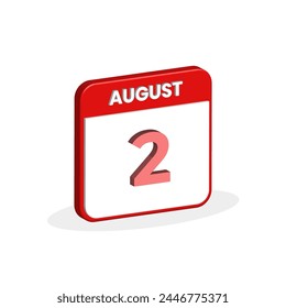 2nd August calendar 3D icon. 3D August 2 calendar Date, Month icon vector illustrator