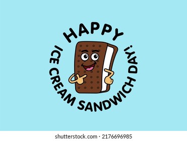 2nd August. National Ice Cream Sandwich Day. Happy icecreams in cookies cute illustration