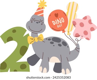 Ilustración vectorial del dinosaurio del niño del 2do cumpleaños