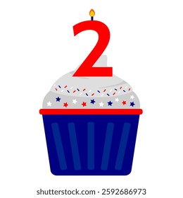 2nd birthday cake. American themed cupcake. Red, Blue, White colour. Cupcake clip art cartoon flat style. Isolated white background