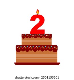 2nd birthday cake chocolate cartoon style with red candle vector illustration. birthday tart