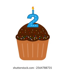 2nd Birthday Cake. Chocolate cupcake clip art vector. Cupcake with colourful mess candy isolated on a white background. Anniversary cake. Birthday cake. Valentine cupcake