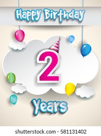2nd birthday Celebration Design, with clouds and balloons. Design greeting card and invitation for the celebration party of two years anniversary