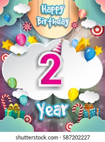 2nd Birthday Celebration greeting card Design, with clouds and balloons. Vector elements for the celebration party of two years anniversary