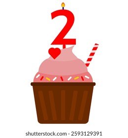 2nd birthday cupcake cartoon clip art. Cupcake chocolate cartoon flat style. Isolated white background