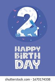 2nd Birthday greeting cardwith a hare. Cartoon vector animal. Handdrawn illustration.