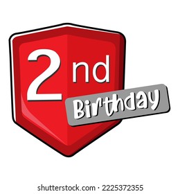 2nd birthday on red Secure shield. 
vector illustration isolated on white background. Flat design 