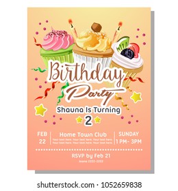 2nd Birthday Party Invitation Card With Delicious Cupcakes