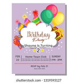 2nd Birthday Party Invitation Card With Hat Balloon Present