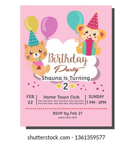 2nd birthday party invitation card template with cute cat monkey