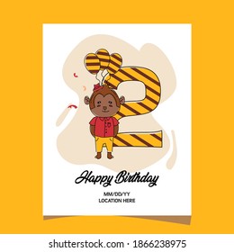 2nd birthday party invitation card with cartoon baby animal monkey character design