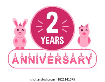 2nd birthday. Two years anniversary celebration banner with pink animals theme for kids.