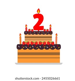 2nd cake birthday chcolate with strawberry cartoon style and numeric candle and fire element. happy birthday kids cake tart. editable eps 10. strawberry cake