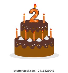 2nd cake birthday chocolate taste with orange candle elemen and white background vector editable
