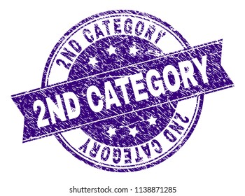 2ND CATEGORY stamp seal imprint with distress texture. Designed with ribbon and circles. Violet vector rubber print of 2ND CATEGORY caption with corroded texture.