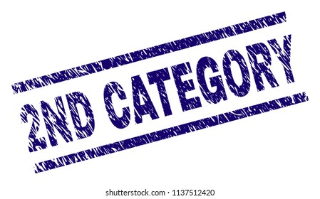 2ND CATEGORY stamp seal watermark with scratced style. Blue vector rubber print of 2ND CATEGORY text with retro texture. Text title is placed between parallel lines.