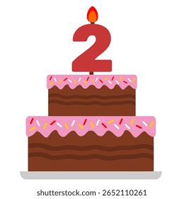 2º bolo de torta de aniversário de chocolate com ilustração de vetor de cor de cobertura rosa. Estilo plano de desenho animado de bolo de aniversário. Iniciar clip art bolo doce