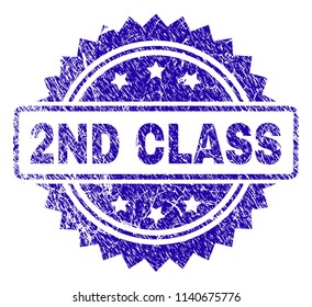 2ND CLASS stamp imprint with dirty style. Blue vector rubber seal print of 2ND CLASS tag with dirty texture.