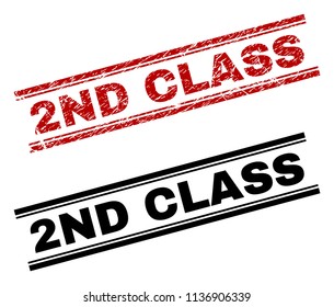 2ND CLASS stamp seal print with red distress and clean black version. Red vector rubber print of 2ND CLASS label with grunge texture. Tags are placed between double parallel lines.