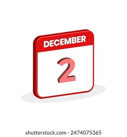 2nd December calendar 3D icon. 3D December 2 calendar Date, Month icon vector illustrator