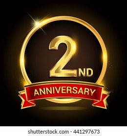 2nd golden anniversary logo with ring and red ribbon isolated on black background, vector design for birthday celebration, marriage, corporate, and your business.