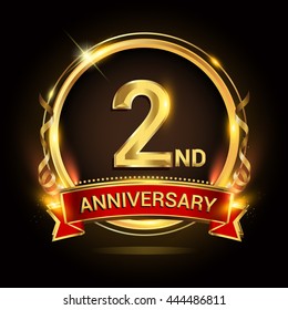 2nd golden anniversary logo with ring and red ribbon, vector design.