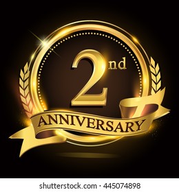 2nd golden anniversary logo with ring and ribbon, laurel wreath vector design.