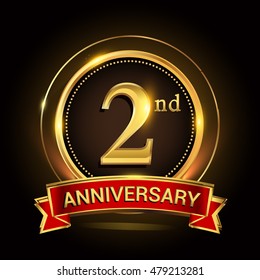 2nd golden anniversary logo with ring and ribbon. Vector design template elements for your birthday celebration.