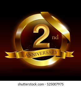 2nd golden anniversary logo with ring and ribbon, on black background vector design.