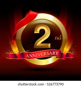 2nd golden anniversary logo with ring and red ribbon. Vector design template elements for your birthday celebration.